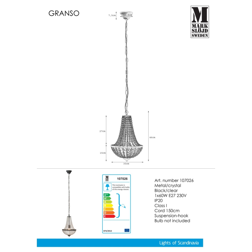Markslöjd 107026 - Кришталева люстра на ланцюжку GRÄNSÖ 1xE27/60W/230V