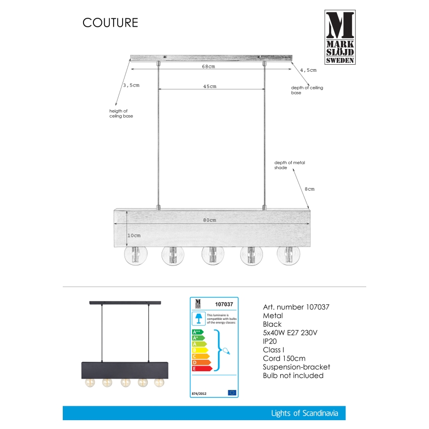 Markslöjd 107037 - Подвесная люстра COUTURE 5xE27/40W/230V черная 
