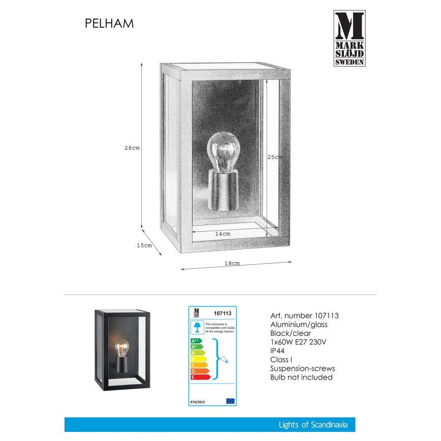 Markslöjd 107113 - Вуличний настінний світильник PELHAM 1xE27/60W/230V IP44 чорний