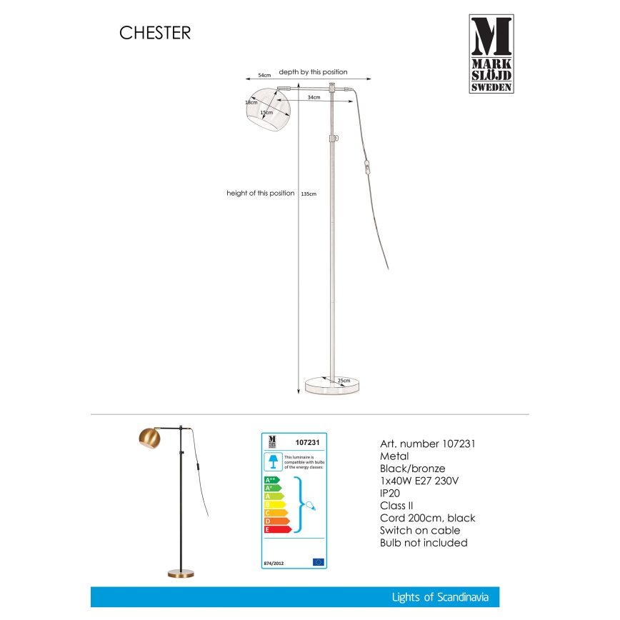 Markslöjd 107231 - Торшер CHESTER 1xE27/40W/230V