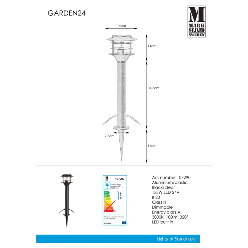 Markslöjd 107290 - Вулична світлодіодна лампа GARDEN 24 LED/3W/24V 45 см IP44 чорний