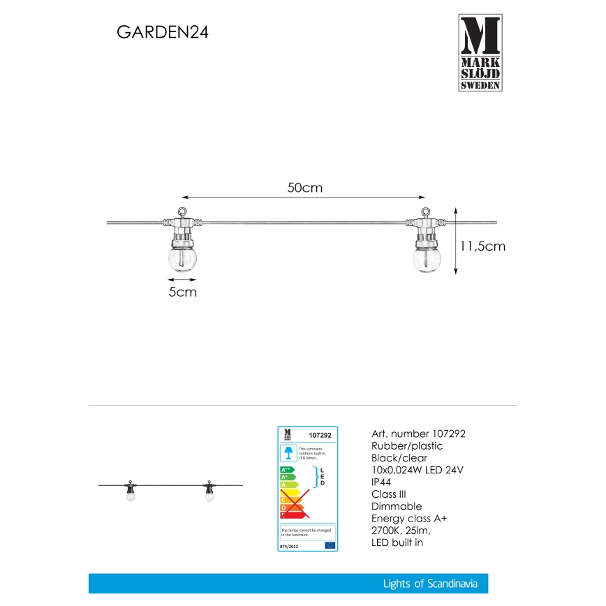 Markslöjd 107292 - Вулична декоративна LED гірлянда ГІРЛЯНДА GARDEN 10xLED 5,5м IP44