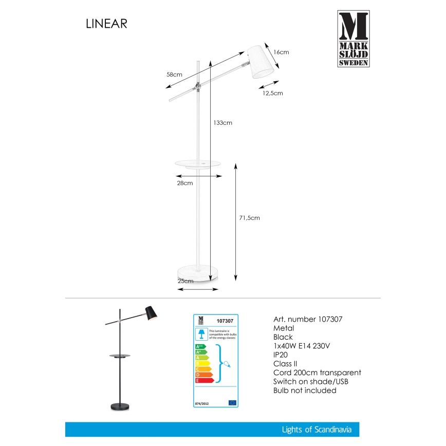 Markslöjd 107307 - Торшер s USB LINEAR 1xE14/40W/230V