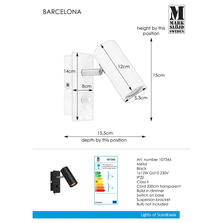 Markslöjd 107345 - Hастінний точковий світильник з регулюванням яскравості BARCELONA 1xGU10/12W/230V