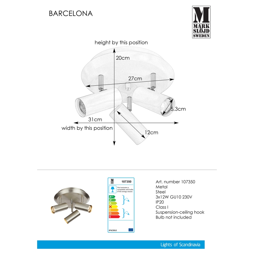 Markslöjd 107350 - Прожектор BARCELONA 3xGU10/12W/230V