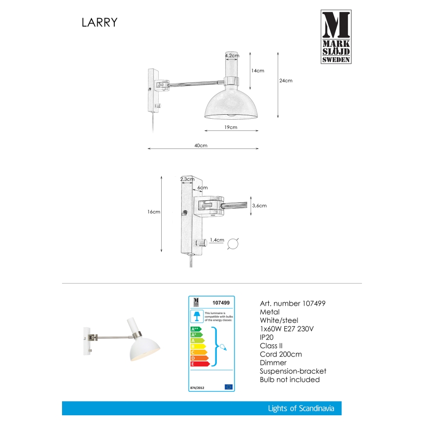 Markslöjd 107499 - Настенный светильник с регулированием яркости LARRY 1xE27/60W/230V