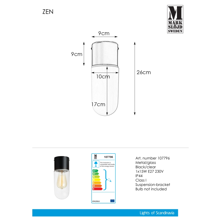Markslöjd 107796 - Стельовий світильник для ванної кімнати ZEN 1xE27/15W/230V IP44