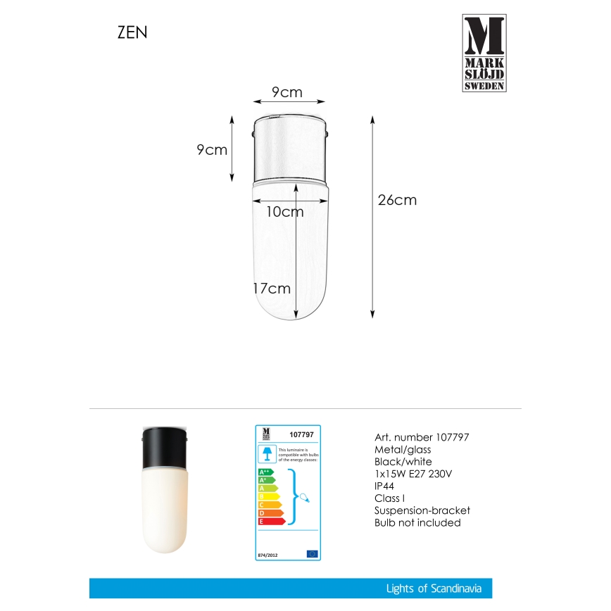 Markslöjd 107797 - Потолочный светильник для ванной комнаты ZEN 1xE27/15W/230V IP44