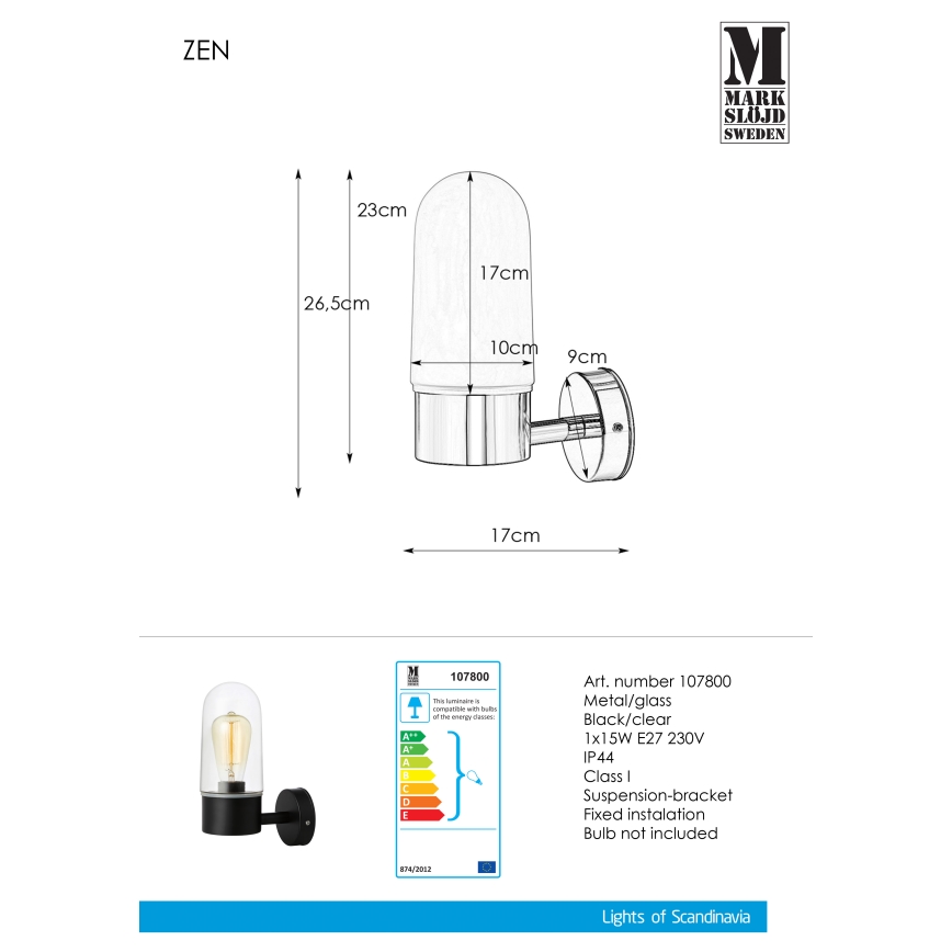 Markslöjd 107800 - Настенный светильник для ванной комнаты ZEN 1xE27/15W/230V IP44