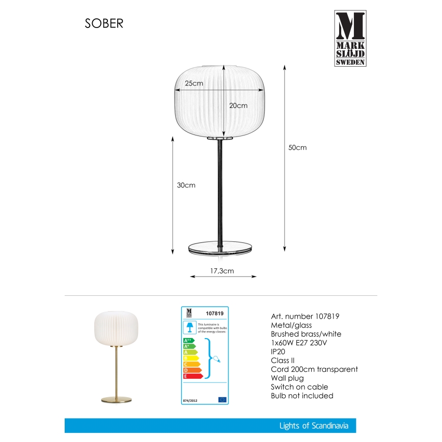Markslöjd 107819 - Настільна лампа SOBER 1xE27/60W/230V білий/латунь