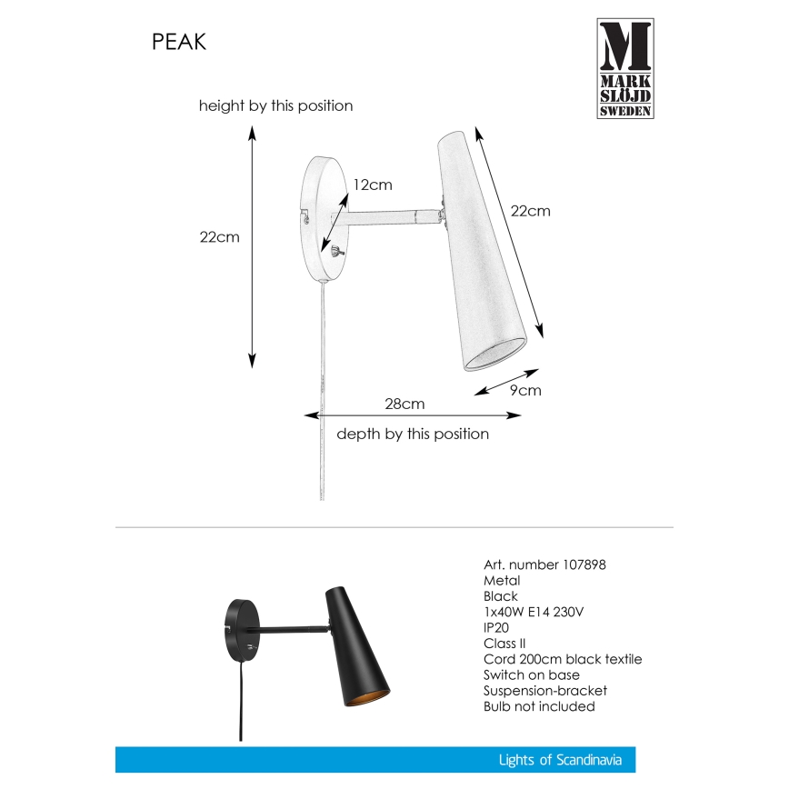 Markslöjd 107898 - Настінний світильник PEAK 1xE14/40W/230V
