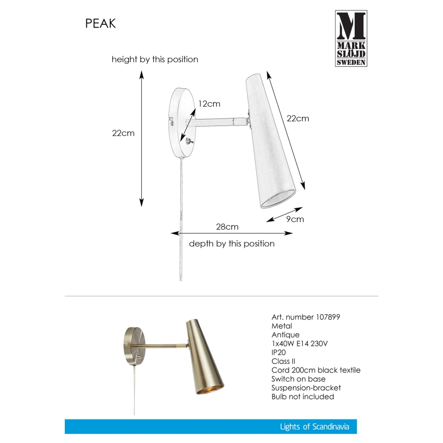 Markslöjd 107899 - Настінний світильник PEAK 1xE14/40W/230V