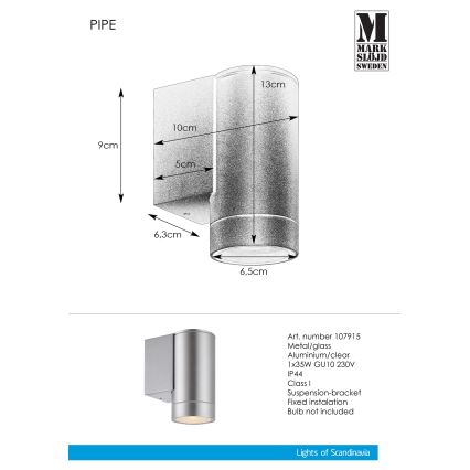 Markslöjd 107915 - Зовнішній настінний світильник PIPE 1xGU10/35W/230V IP44