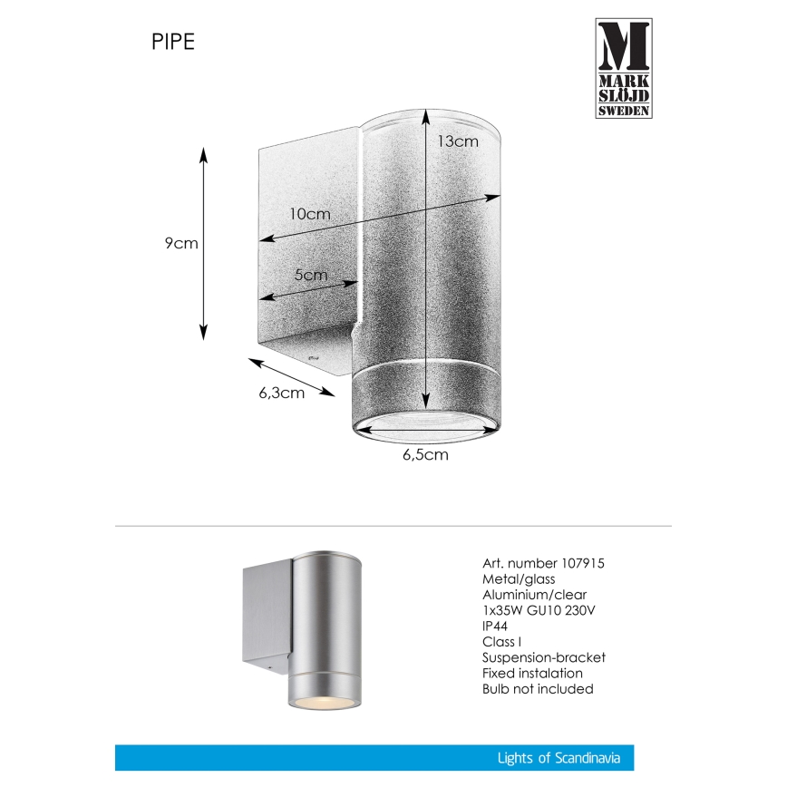 Markslöjd 107915 - Зовнішній настінний світильник PIPE 1xGU10/35W/230V IP44