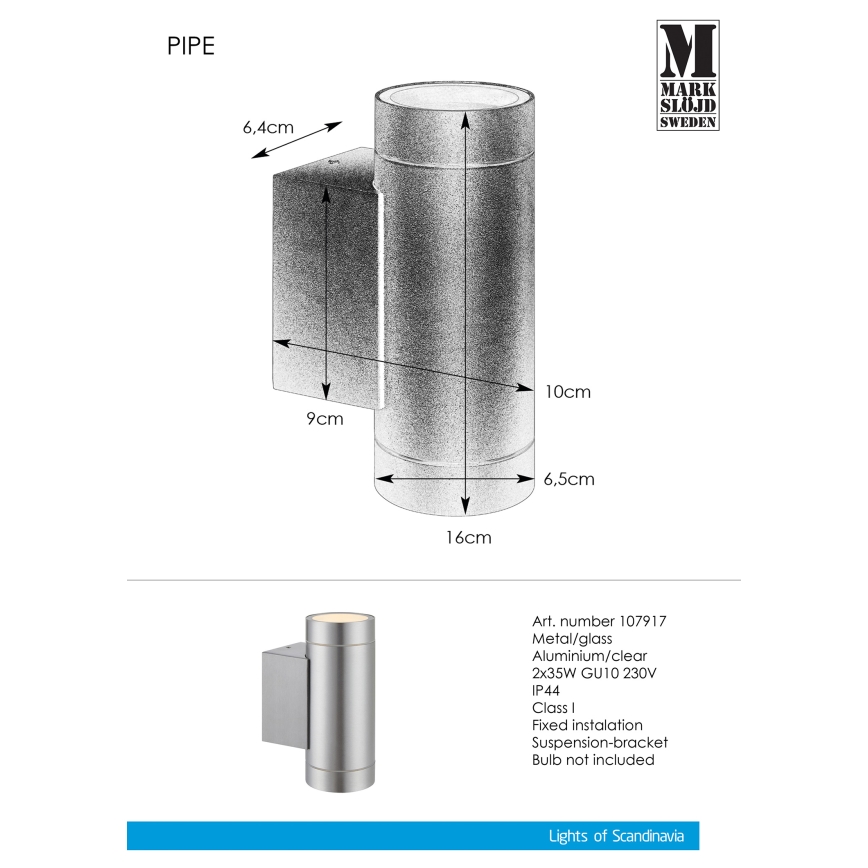 Markslöjd 107917 - Уличный настенный светильник PIPE 2xGU10/35W/230V IP44