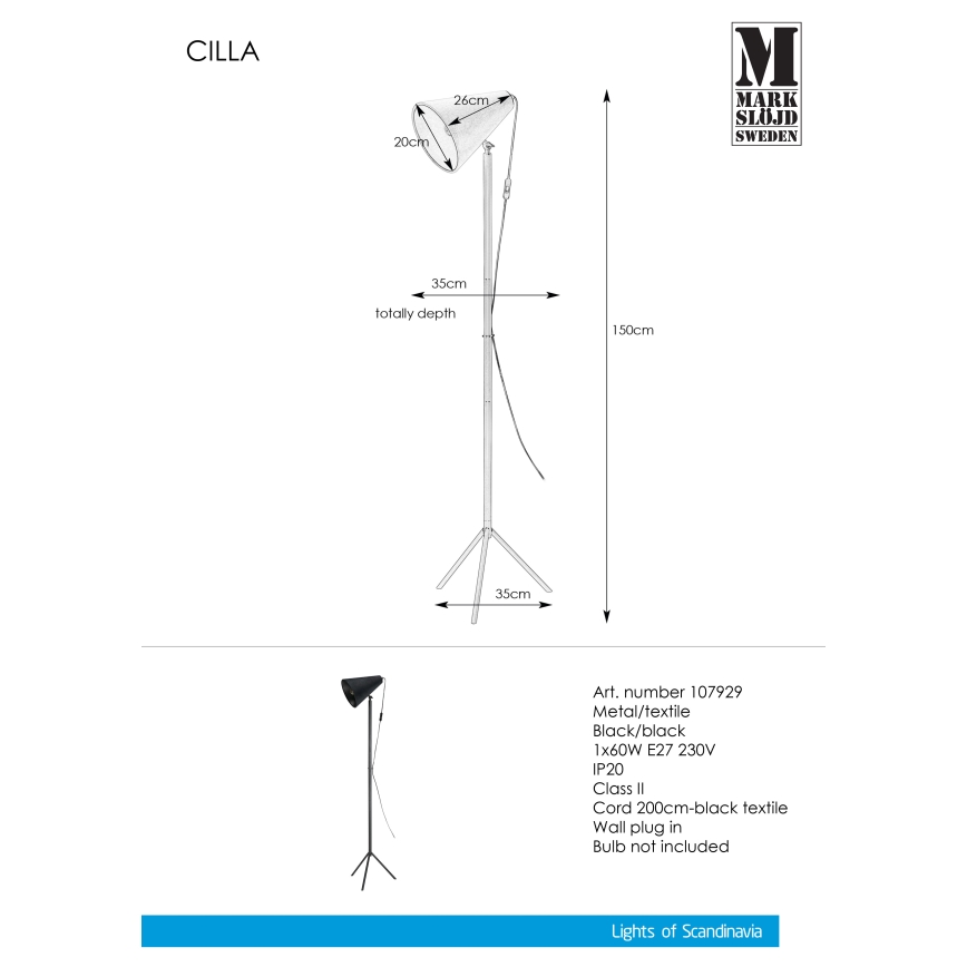 Markslöjd 107929 - Торшер CILLA 1xE27/60W/230V