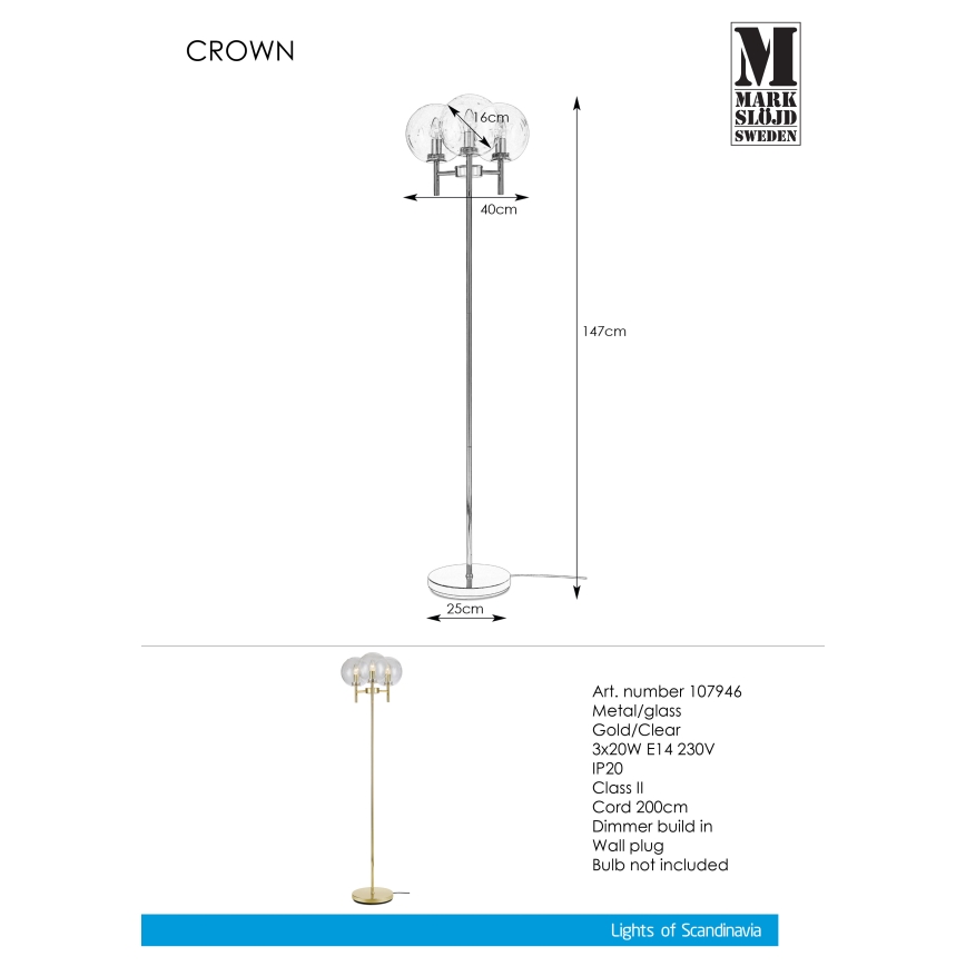 Markslöjd 107946 - Торшер CROWN 3xE14/20W/230V