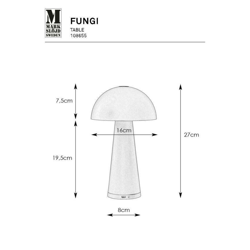 Markslöjd 108655 - Светодиодная аккумуляторная лампа с регулированием яркости FUNGI LED/1,5W/5V IP44 черный