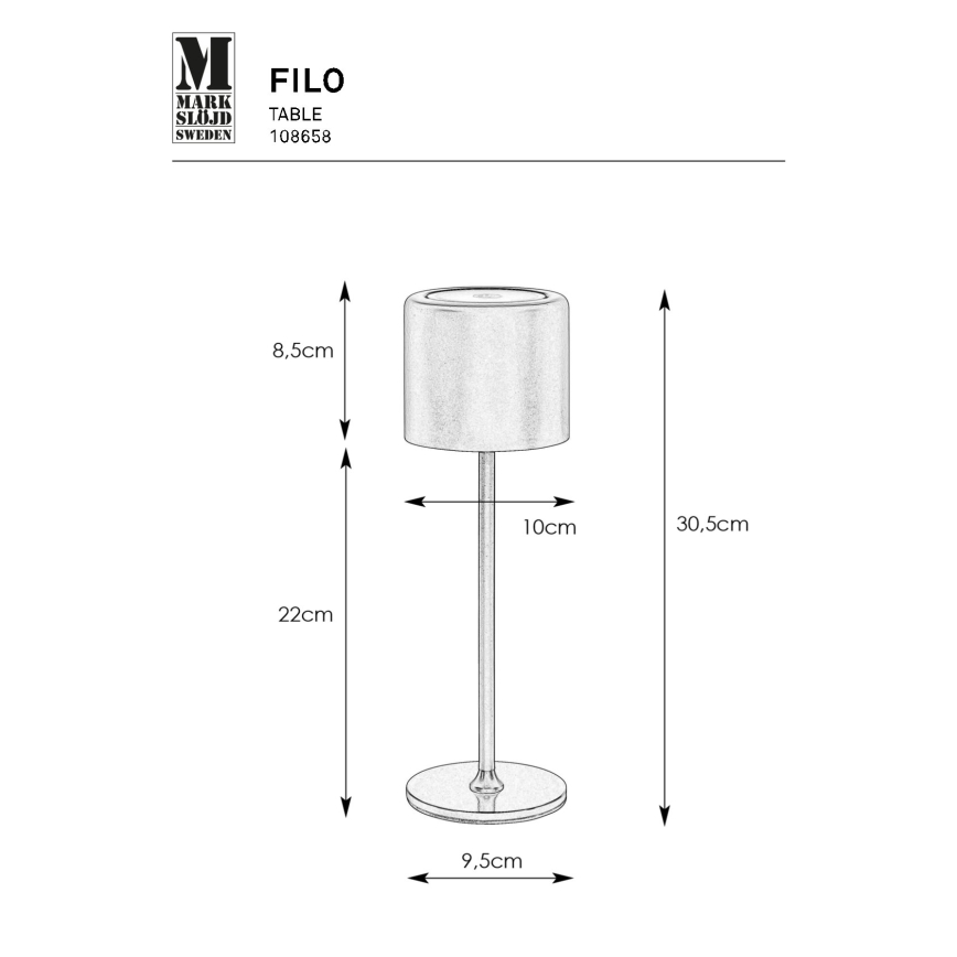 Markslöjd 108658 - LED Акумуляторна лампа з регулюванням яскравості FILO LED/2W/5V IP44 30 см білий