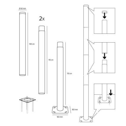 Металлический столб BASE для уличного освещения, 4 м, диаметр 60 мм, черный