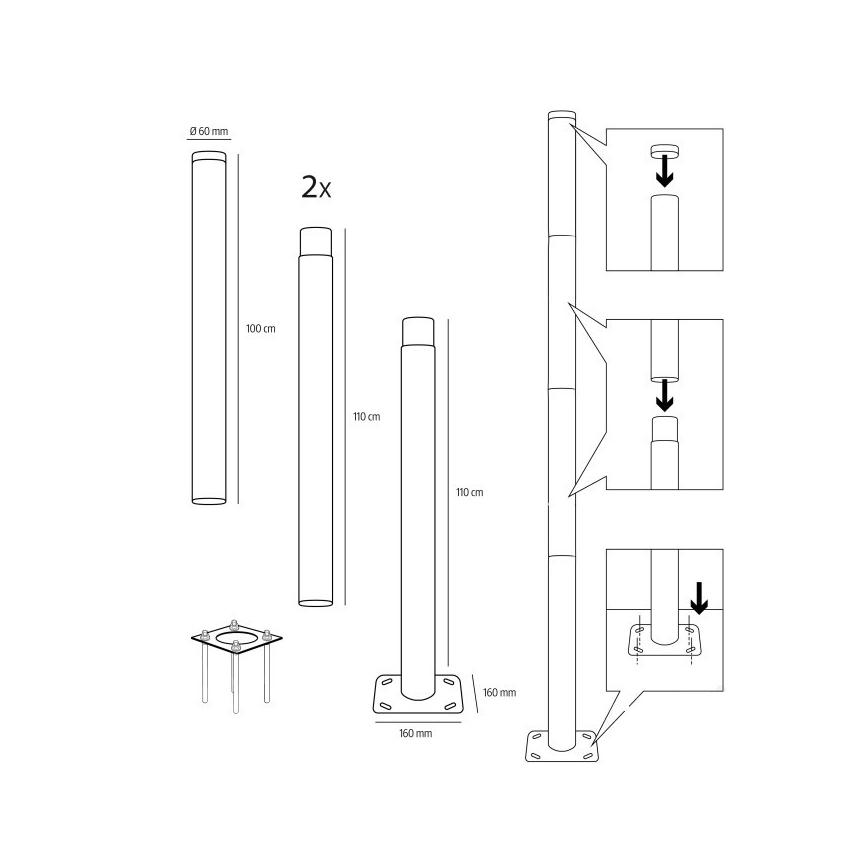 Металлический столб BASE для уличного освещения, 4 м, диаметр 60 мм, черный