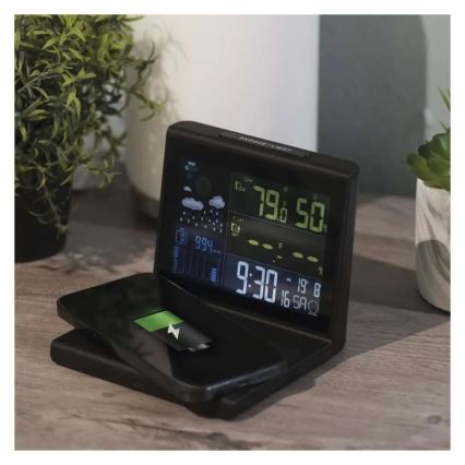 Метеостанция с беспроводной зарядкой 5 В, питание от 2xAA + 2xAAA, чёрная