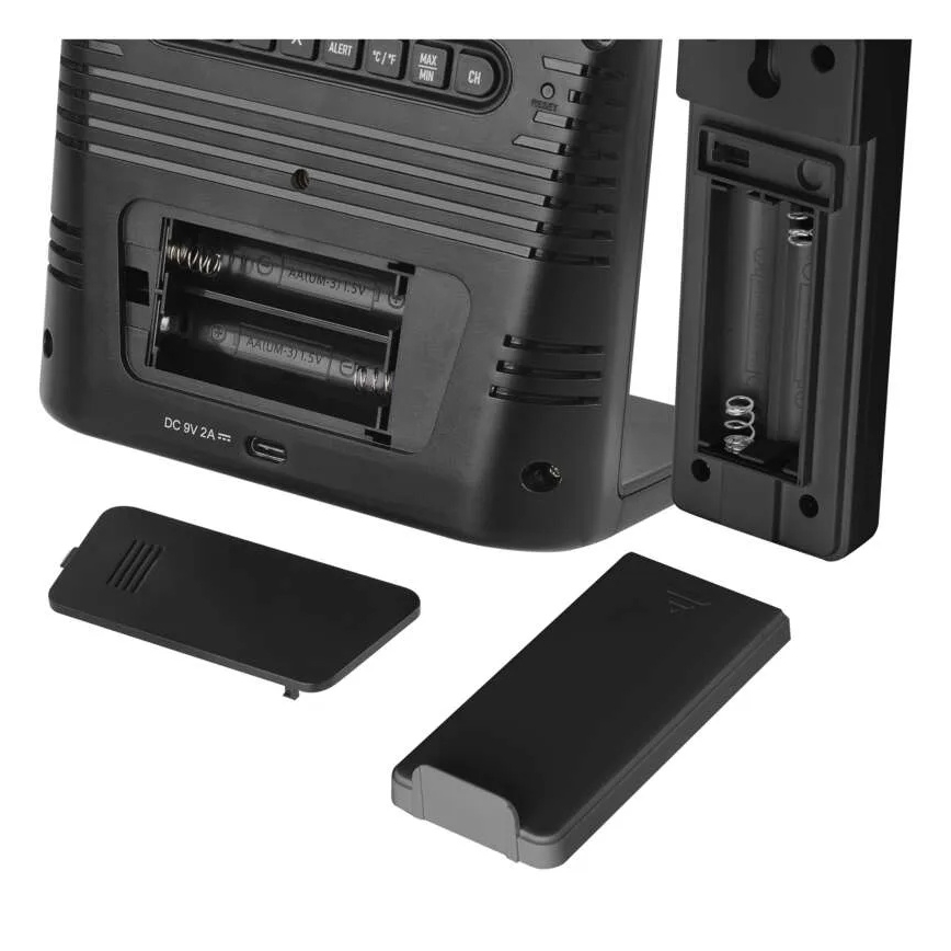 Метеостанция с беспроводной зарядкой 5 В, питание от 2xAA + 2xAAA, чёрная