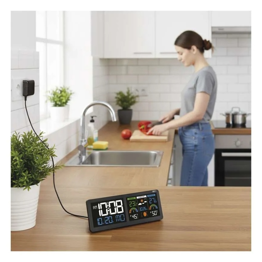 Метеостанция с цветным ЖК-дисплеем и будильником 5V 3xAAA + 2xAA чёрная