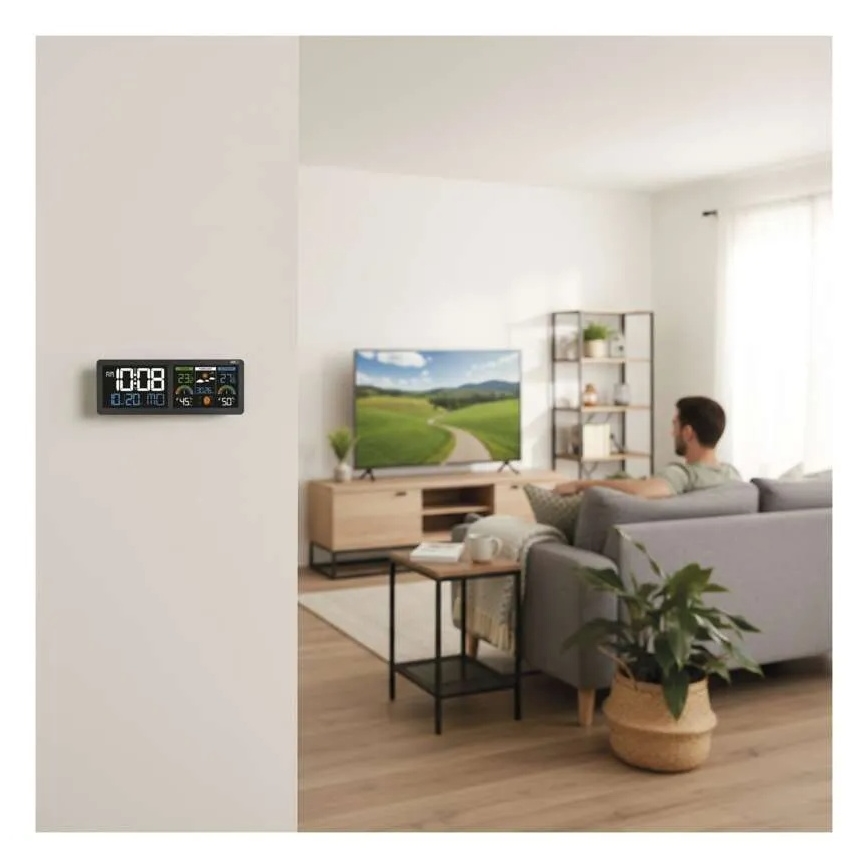 Метеостанция с цветным ЖК-дисплеем и будильником 5V 3xAAA + 2xAA чёрная