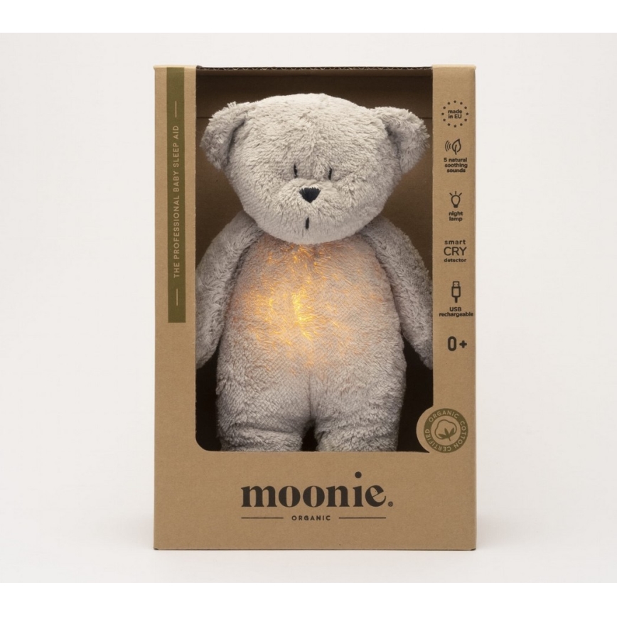 Moonie - Іграшка-комфортер з мелодією і світлом ведмежа 2.0 organic grey