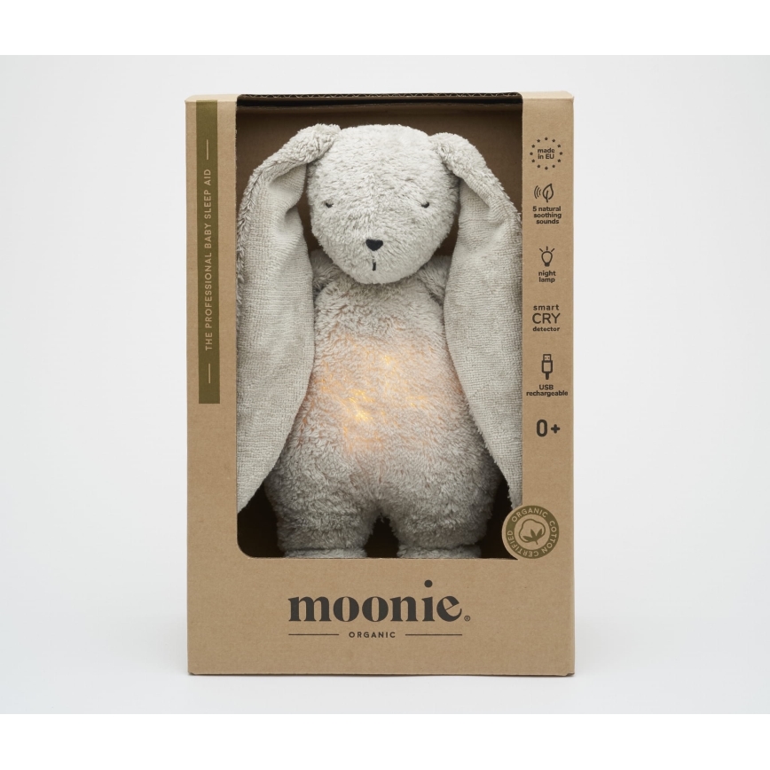 Moonie - Іграшка-комфортер з мелодією і світлом зайчик 2.0 organic grey