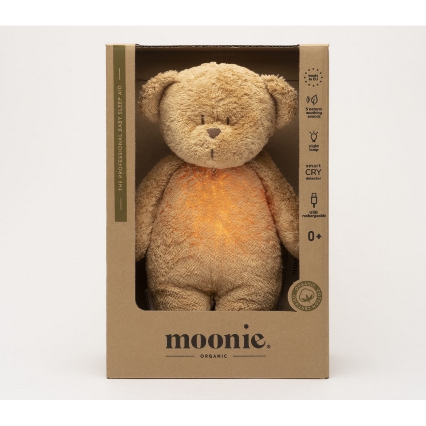 Moonie - Игрушка для засыпания с музыкой и светом медвежонок 2.0 органический капучино