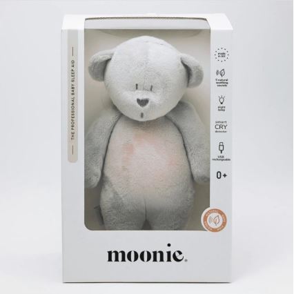 Moonie - Игрушка для засыпания с музыкой и светом медвежонок серебристый
