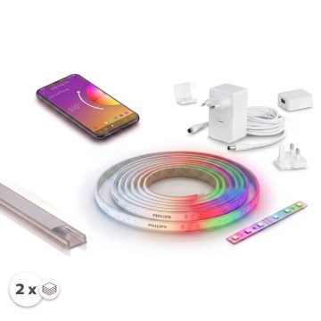 NAБІР 1x димована LED-стрічка RGBW Philips Hue WHITE AND COLOR AMBIANCE LED/20W/230V 2 м + 2x вбудований профіль 1 м, сріблястий/білий