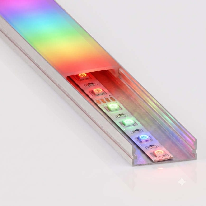 КОМПЛЕКТ 1× RGBW LED-стрічка NEO LITE MUSIC, димована, 24 Вт/230 В, 5 м, IP65, Wi‑Fi (Tuya) + 5× вбудований профіль 1 м, сріблястий/білий + пульт дистанційного керування