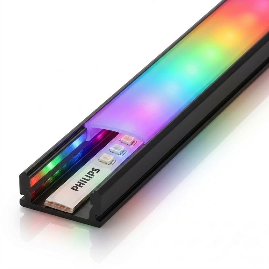 КОМПЛЕКТ 1× регульована RGBW світлодіодна стрічка Philips Hue WHITE AND COLOR AMBIANCE LED/20 Вт/230 В, 2 м + 2× вбудований профіль 1 м, чорний/білий