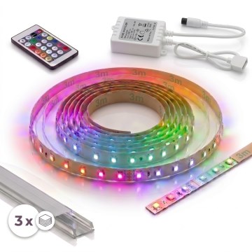 НАБІР: 1x RGBW LED-стрічка DIGITAL, затемнювана, 9,6 Вт/230 В, 3 м + 3× вбудований профіль по 1 м (сріблястий/білий) + пульт дистанційного керування