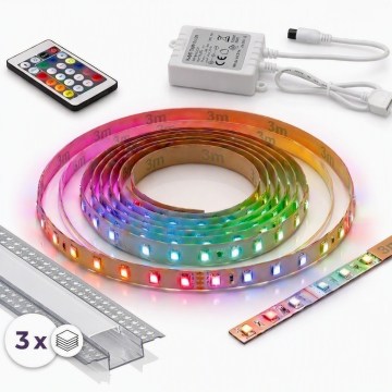 НАБІР 1x RGBW LED-стрічка з регулюванням яскравості DIGITAL LED/9,6W/230V 3 m + 3x вбудований профіль 1 m сріблястий/білий + пульт дистанційного керування
