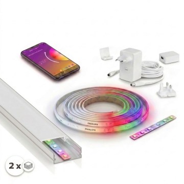 NAБІР 1x RGBW LED-стрічка з регульованою яскравістю Philips Hue WHITE AND COLOR AMBIANCE LED/20W/230V 2 м + 2x вбудований профіль 1 м сріблястий/білий