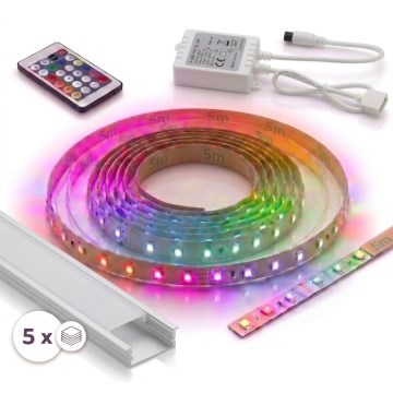 Набір 1x RGBW світлодіодна стрічка з регулюванням яскравості DIGITAL LED/16,5W/230V 5 m + 5x вбудований профіль 1 m сріблястий/білий + пульт дистанційного керування