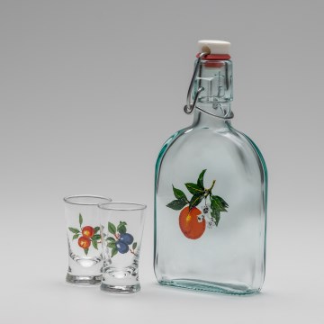 Набір 1x скляна пляшка і 2x чарки для шотів прозорий з мотивом абрикоса