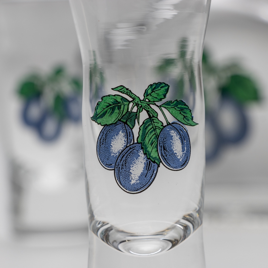 Набір 1x скляна пляшка і 2x чарки для шотів прозорий зі сливовим мотивом