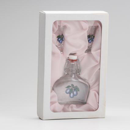 Набір 1x скляна пляшка і 2x чарки для шотів прозорий зі сливовим мотивом