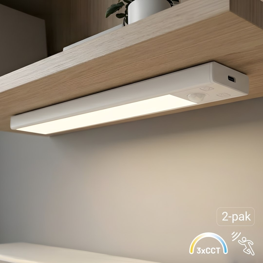 КОМПЛЕКТ 2 шт. LED акумуляторне підсвічування для меблів з датчиком руху та сутінків VIRO LED/1W/3,7V 800 mAh 3000/4000/6500K 20 см білий