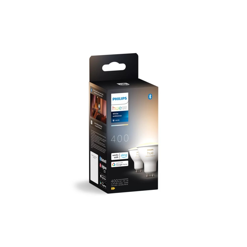 Набір 2x світлодіодних ламп з регулюванням яскравості Philips Hue WHITE AMBIANCE GU10/4,2W/230V 2200-6500K + Hue bridge