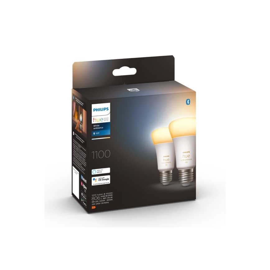 НАБІР 2x LED Лампочка з регулюванням яскравості Philips Hue WHITE AMBIANCE E27/8W/230V 2200-6500K