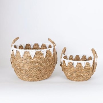 НАБІР 2x Солом'яний кошик бежевий/білий 32x16,5x18/24x23,5x26 см