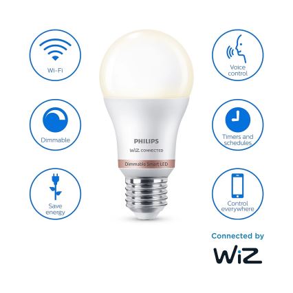 НАБІР 2x Світлодіодна лампочка з регулюванням яскравості Philips A60 E27/8W/230V Wi-Fi