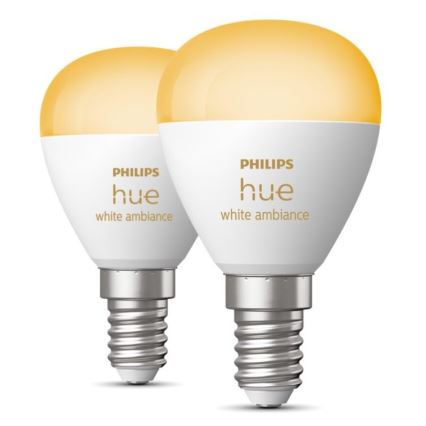 НАБІР 2x Світлодіодна лампочка з регулюванням яскравості Philips Hue WHITE AMBIANCE P45 E14/5,1W/230V 2200-6500K