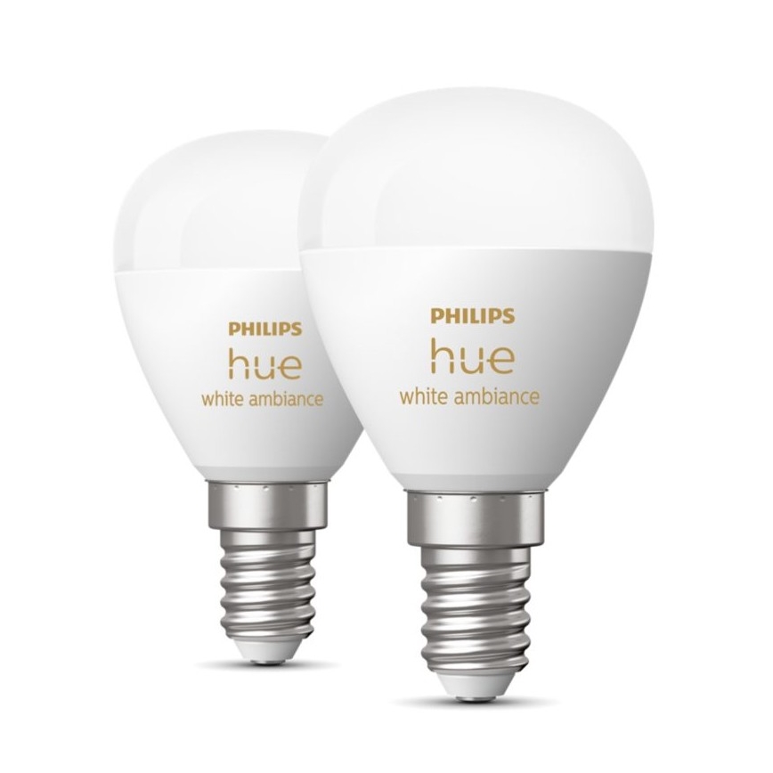 НАБІР 2x Світлодіодна лампочка з регулюванням яскравості Philips Hue WHITE AMBIANCE P45 E14/5,1W/230V 2200-6500K